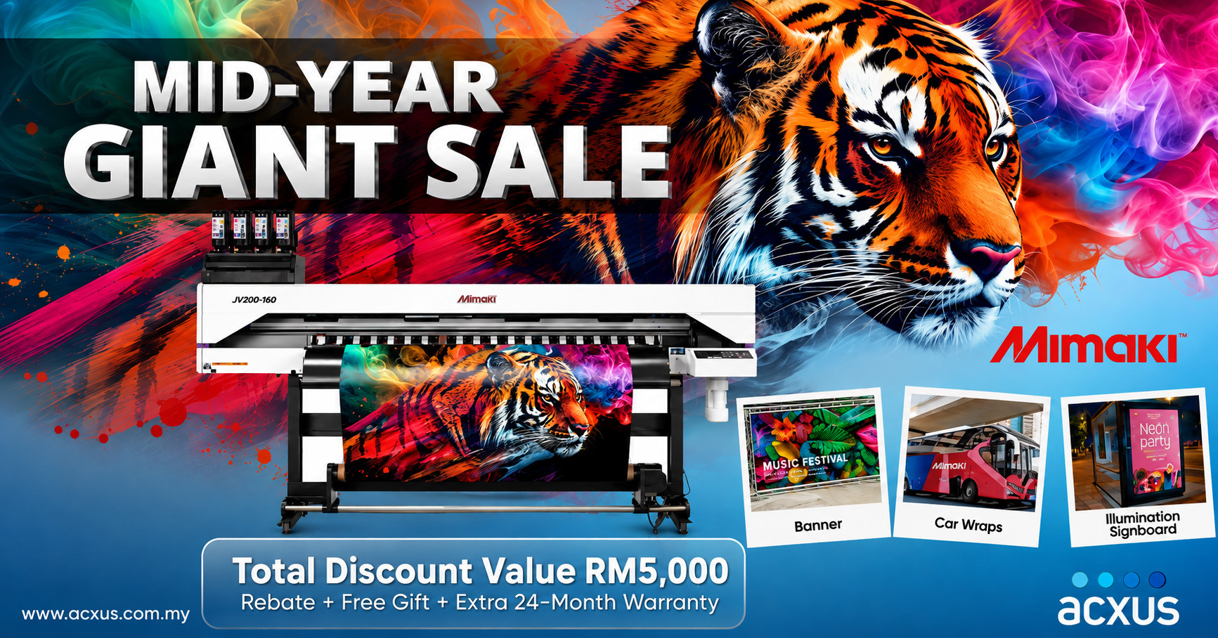 ACXUS Mid-Year Giant Sale featuring the Mimaki JV200-160 printer — total discount value RM5,000