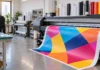 Large-format printer producing a colourful banner in a Malaysian print shop