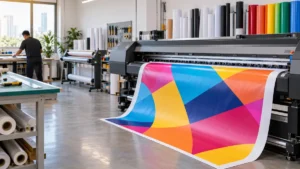 Large-format printer producing a colourful banner in a Malaysian print shop