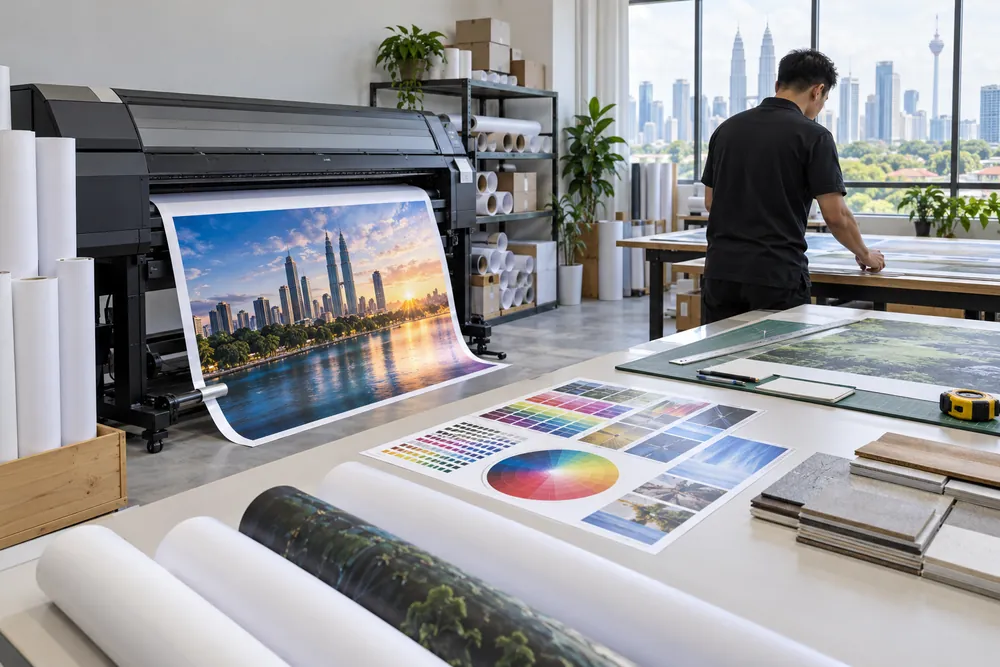 Malaysian print shop preparing materials for a large-format print job