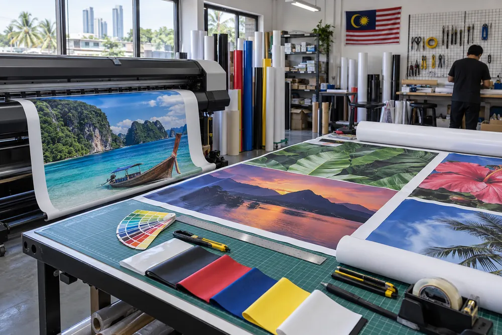 Large-format print workspace with material samples in Malaysia