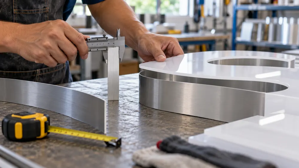 Sign maker checking an aluminium letter return against a sample face in a workshop